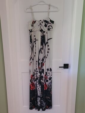 Women's White Floral Maxi Dress with Red Accents